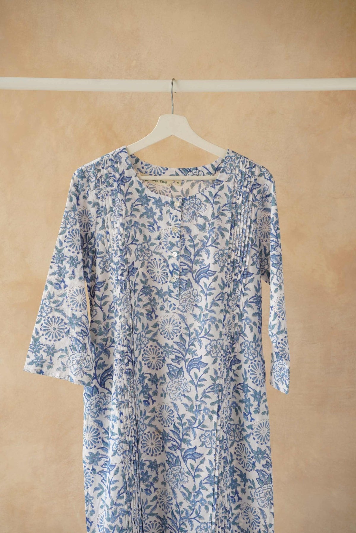 Blue & White Floral Hand Block Print Pintuck Kurta - Tara - C - Tara