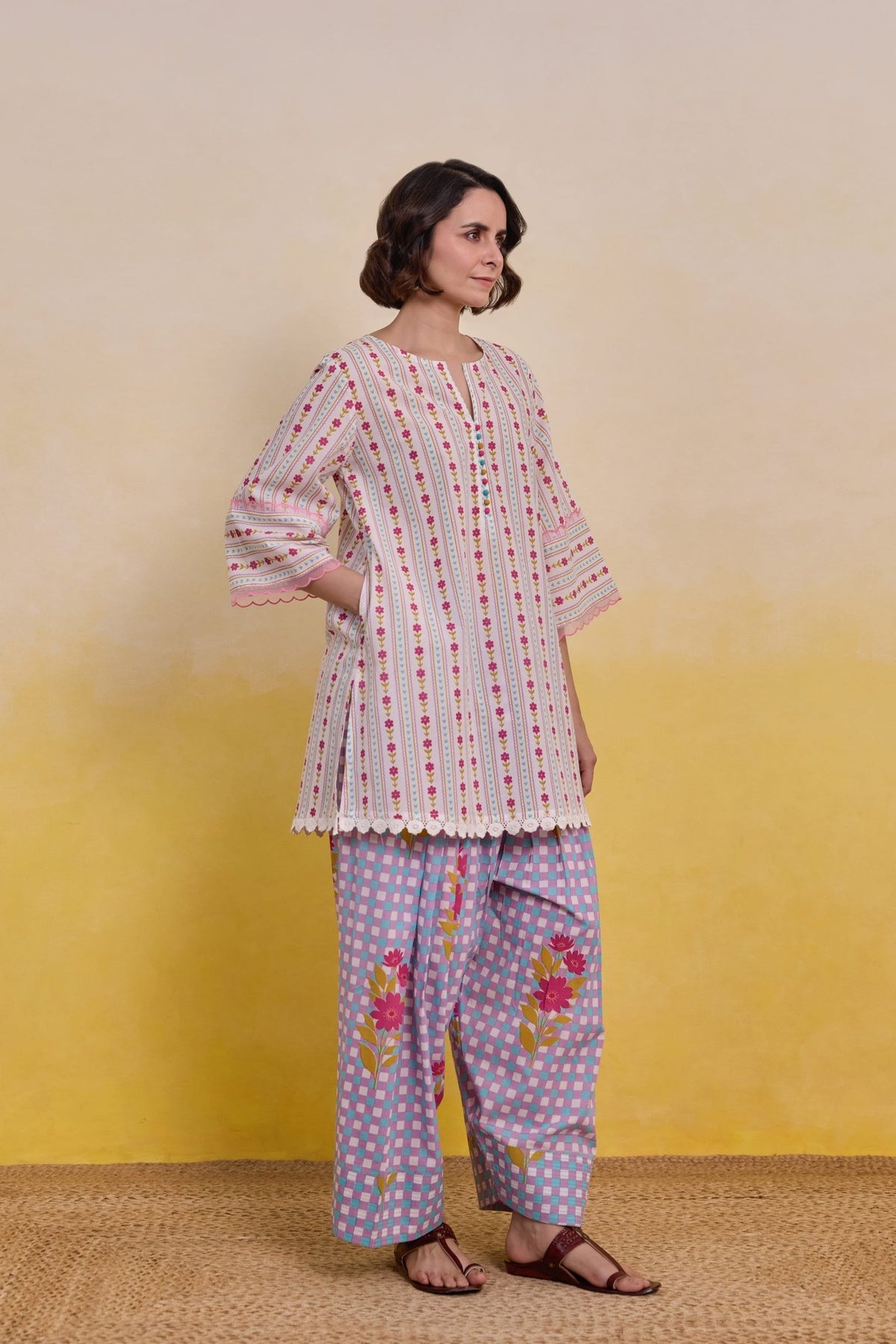 Blush Pink Botanical Stripe Scalloped Co - ord Set - Tara - C - Tara