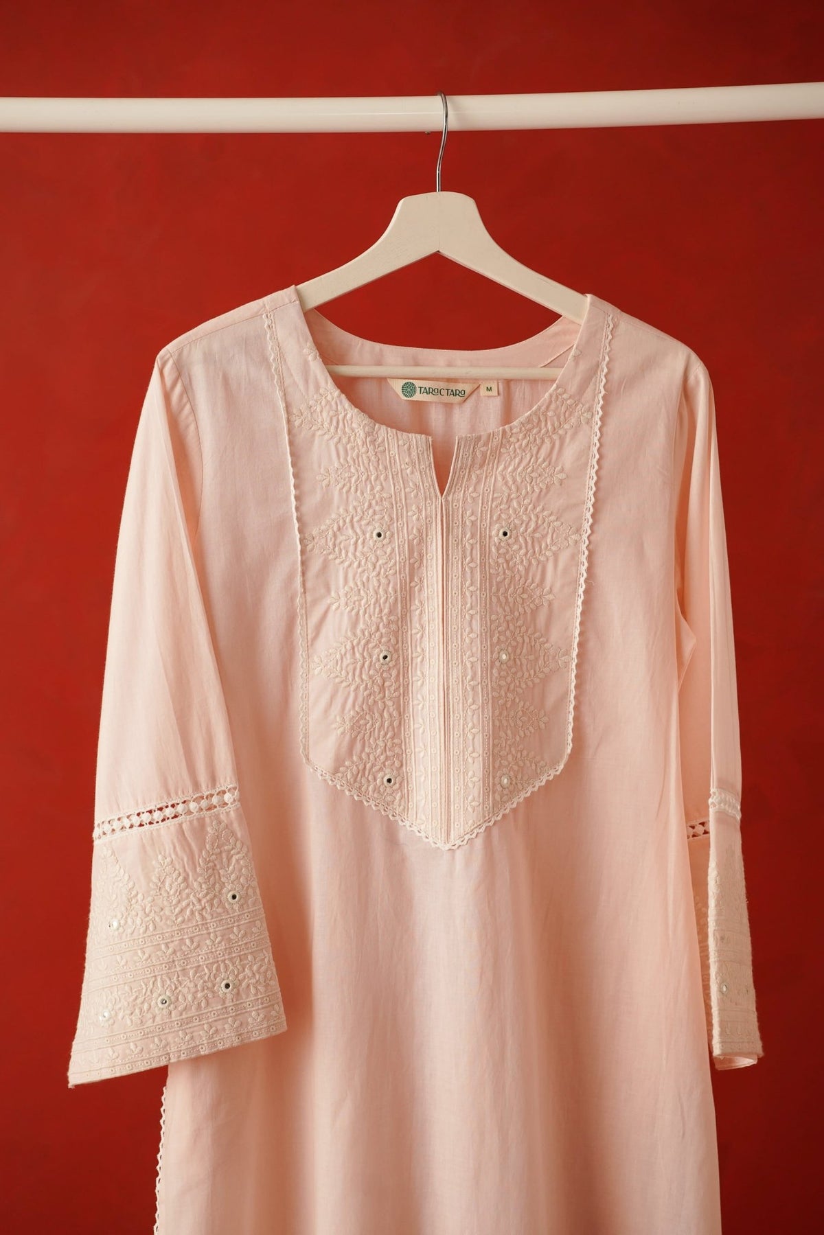 Blush Pink Embroidered Long Cotton Kurta - Tara - C - Tara