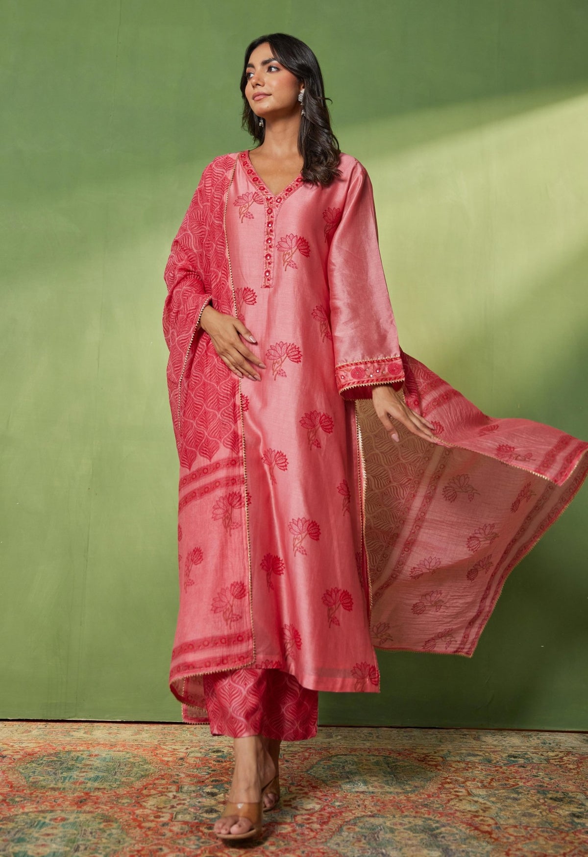 Chanderi Hand Block Printed Suit Set With Dupatta - Tara - C - Tara