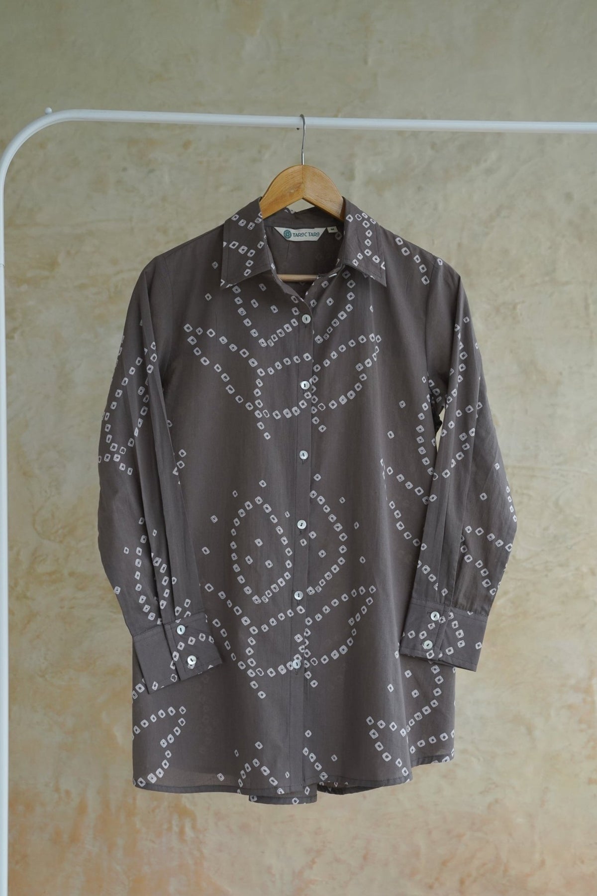 Charcoal Grey Bandhej Geometric Hand Block Printed Cotton Shirt - Tara-C-Tara