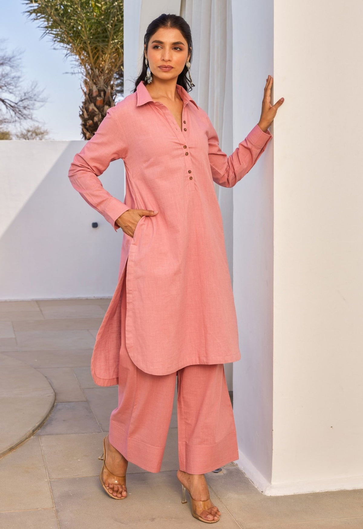 Coral Cotton Slub Solid Coord Set - Tara - C - Tara