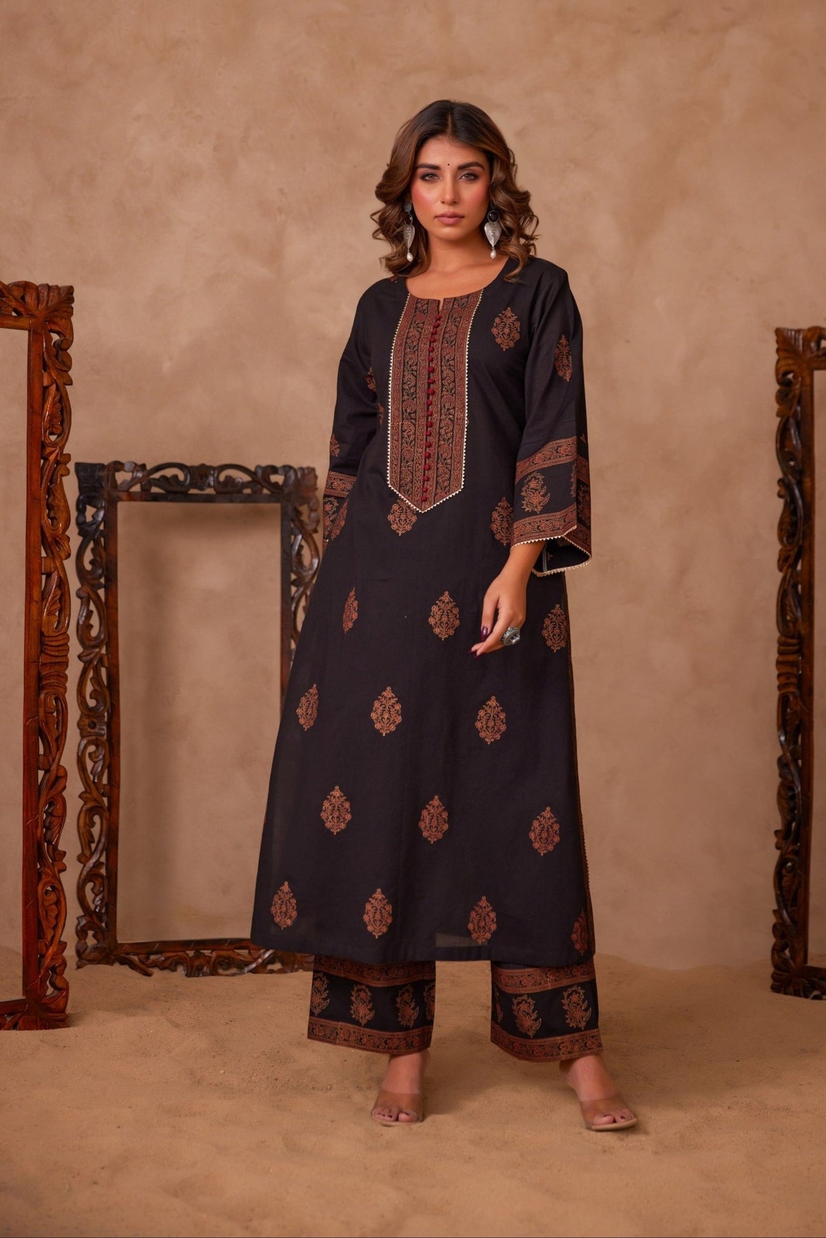 Cotton Black Hand Block Gold Printed Coord Set - Tara - C - Tara