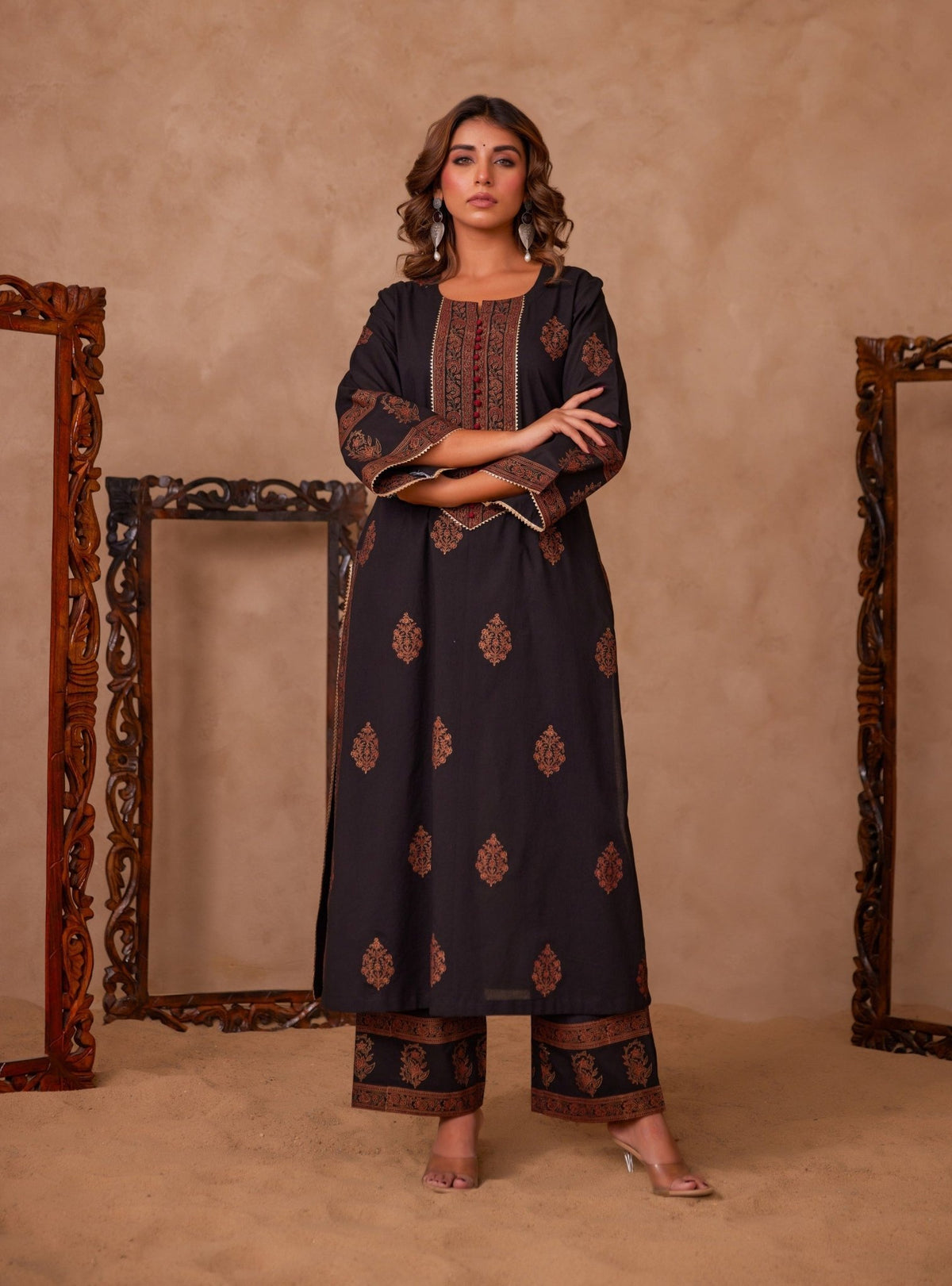 Cotton Black Hand Block Gold Printed Coord Set - Tara - C - Tara