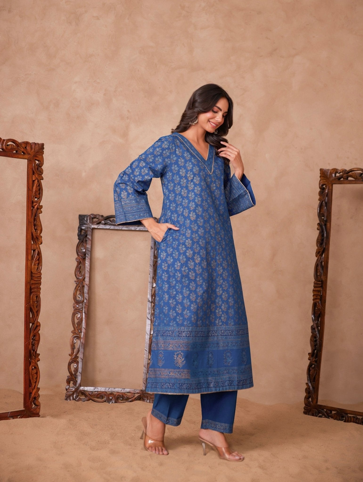 Cotton Blue Hand Block Gold Printed Coord Set - Tara - C - Tara