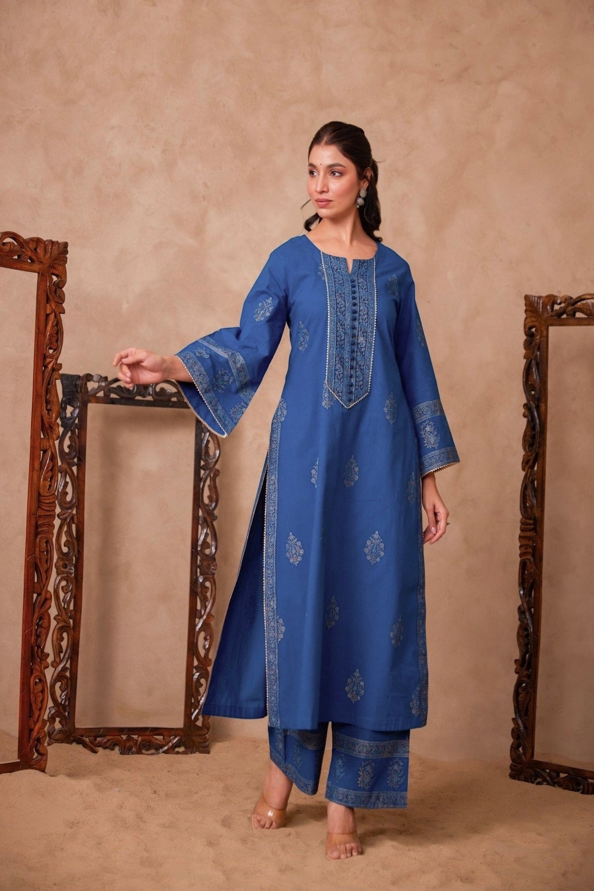 Cotton Blue Hand Block Gold Printed Coord Set - Tara - C - Tara