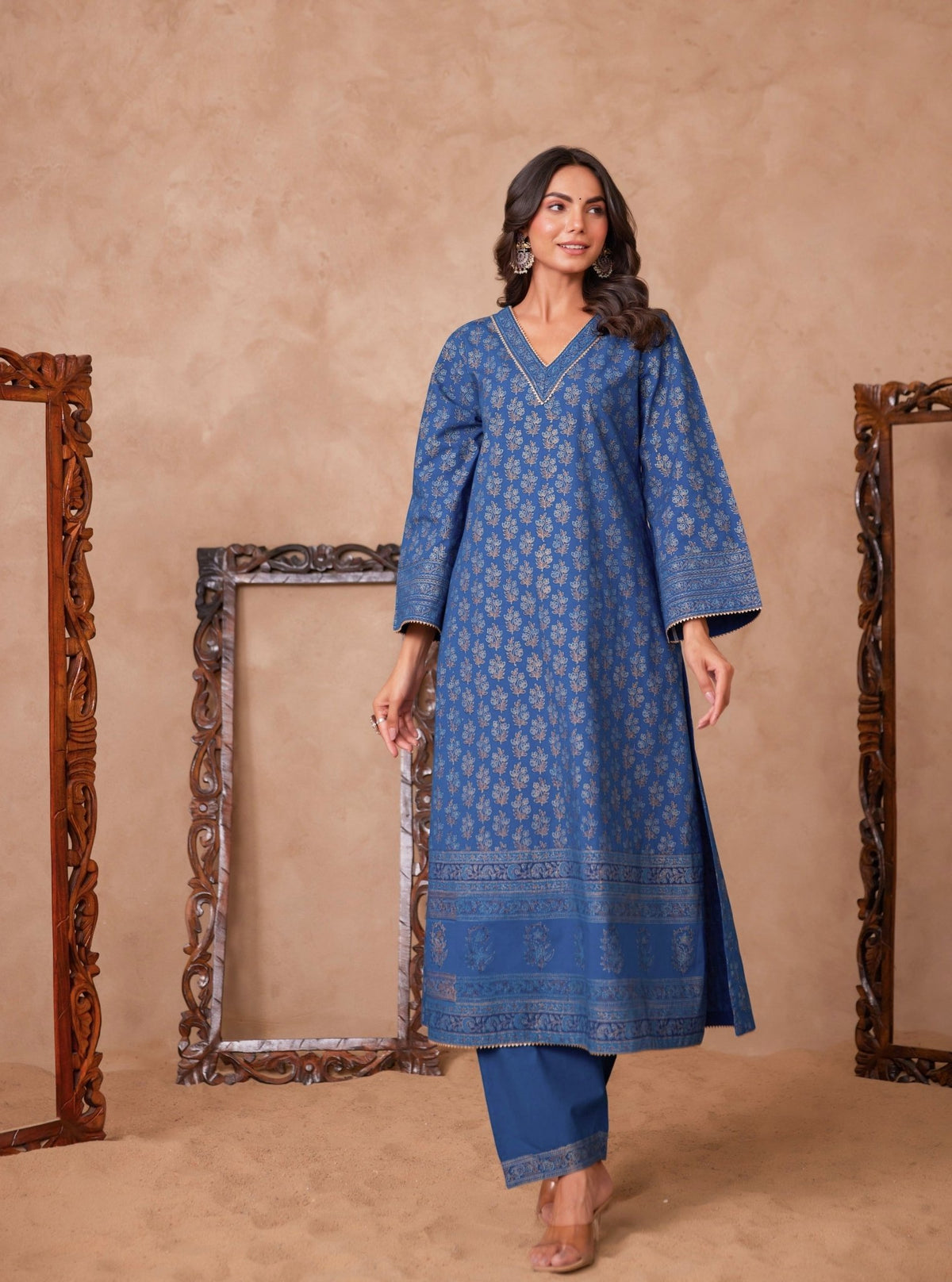Cotton Blue Hand Block Gold Printed Coord Set - Tara - C - Tara