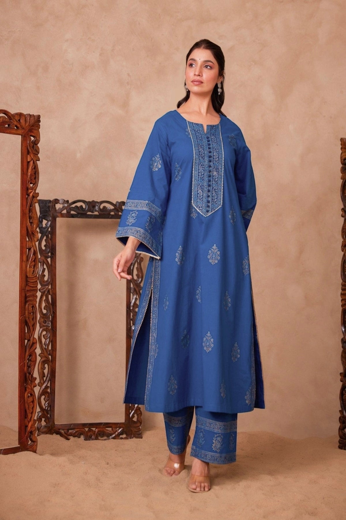 Cotton Blue Hand Block Gold Printed Coord Set - Tara - C - Tara