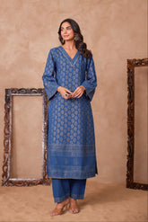 Cotton Blue Hand Block Gold Printed Coord Set - Tara - C - Tara