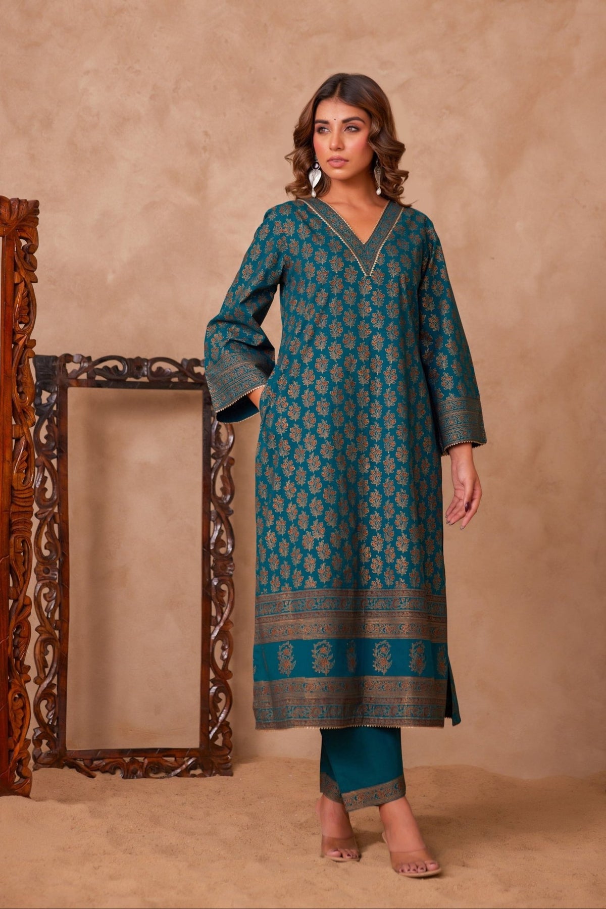 Cotton Green Hand Block Gold Printed Coord Set - Tara - C - Tara