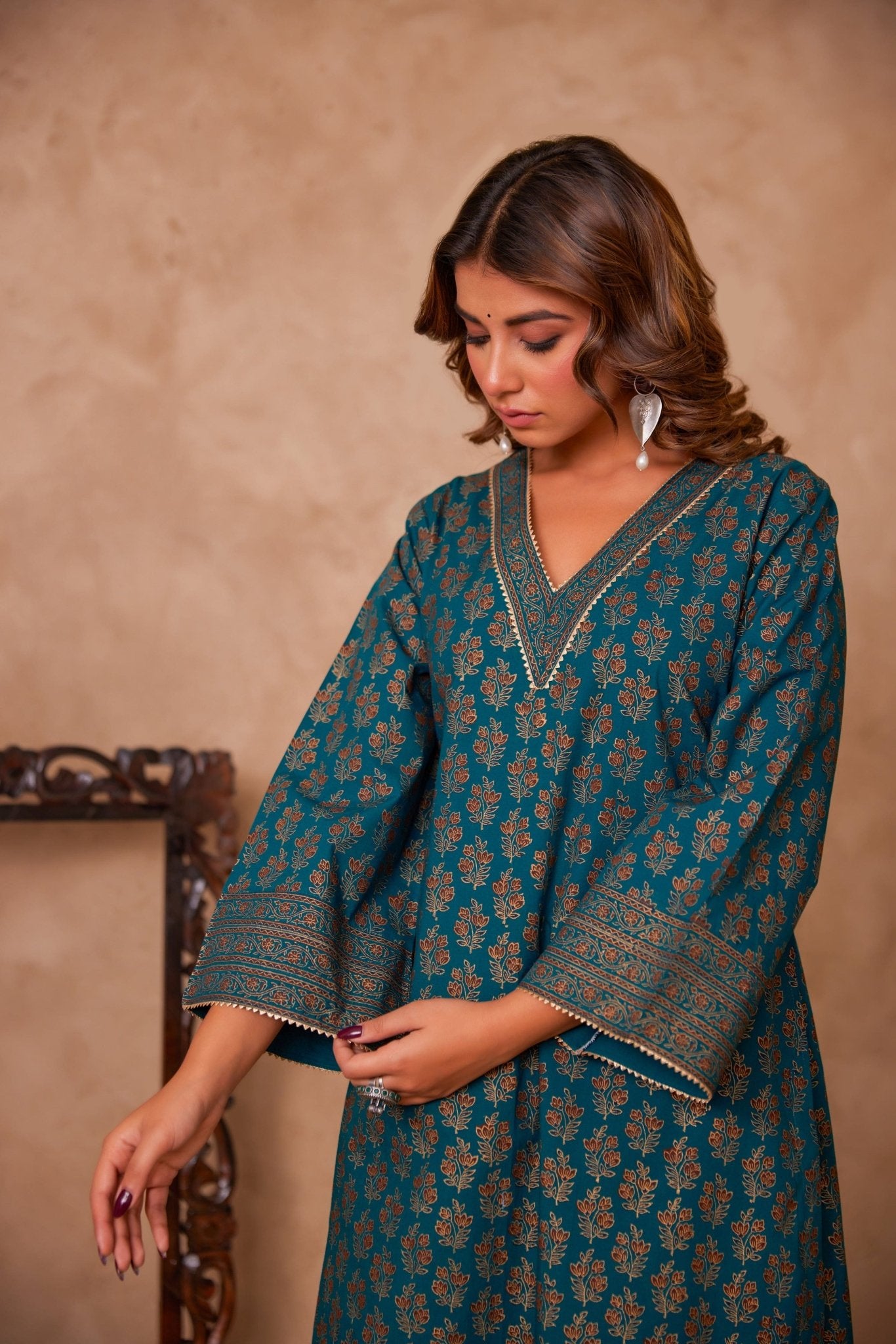 Cotton Green Hand Block Gold Printed Coord Set - Tara - C - Tara