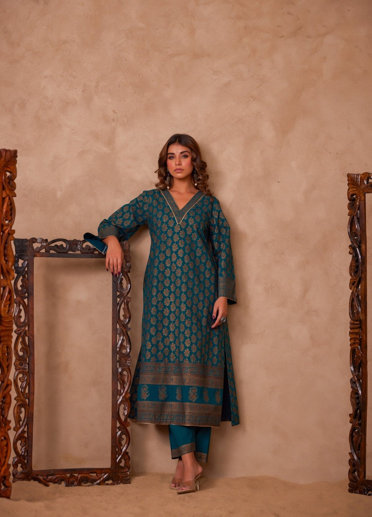 Cotton Green Hand Block Gold Printed Coord Set - Tara - C - Tara