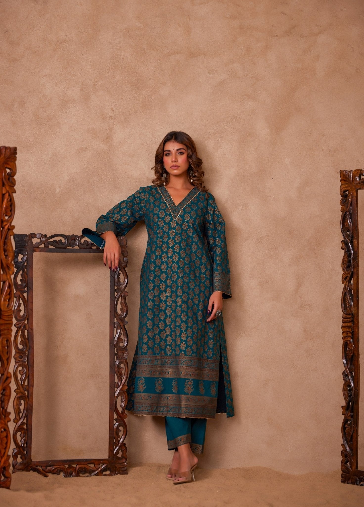 Cotton Green Hand Block Gold Printed Coord Set - Tara - C - Tara