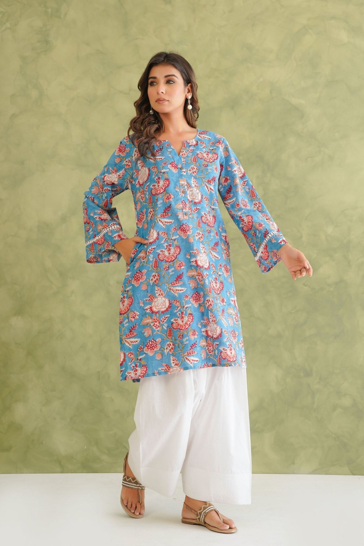 Cotton hand block Printed Kurta with farshi Salwar Coord Set - Tara - C - Tara