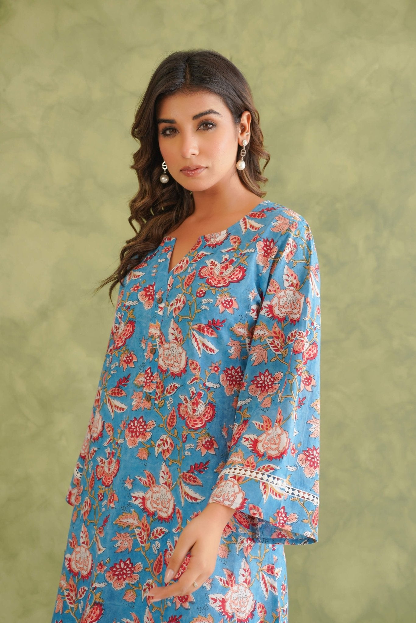 Cotton hand block Printed Kurta with farshi Salwar Coord Set - Tara - C - Tara
