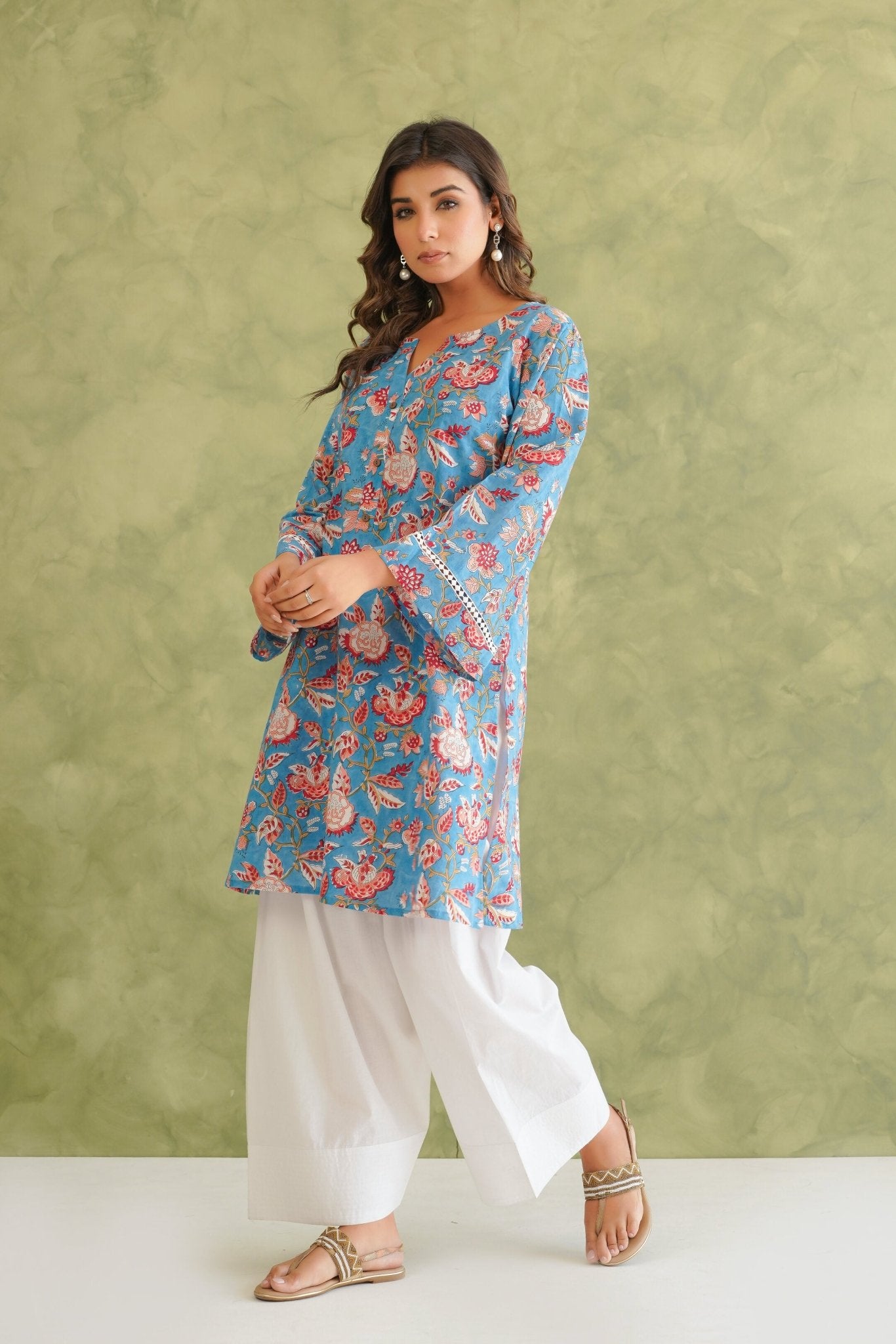 Cotton hand block Printed Kurta with farshi Salwar Coord Set - Tara - C - Tara
