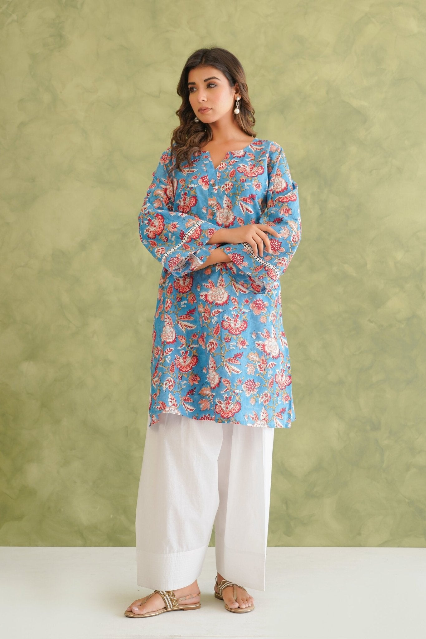Cotton hand block Printed Kurta with farshi Salwar Coord Set - Tara - C - Tara