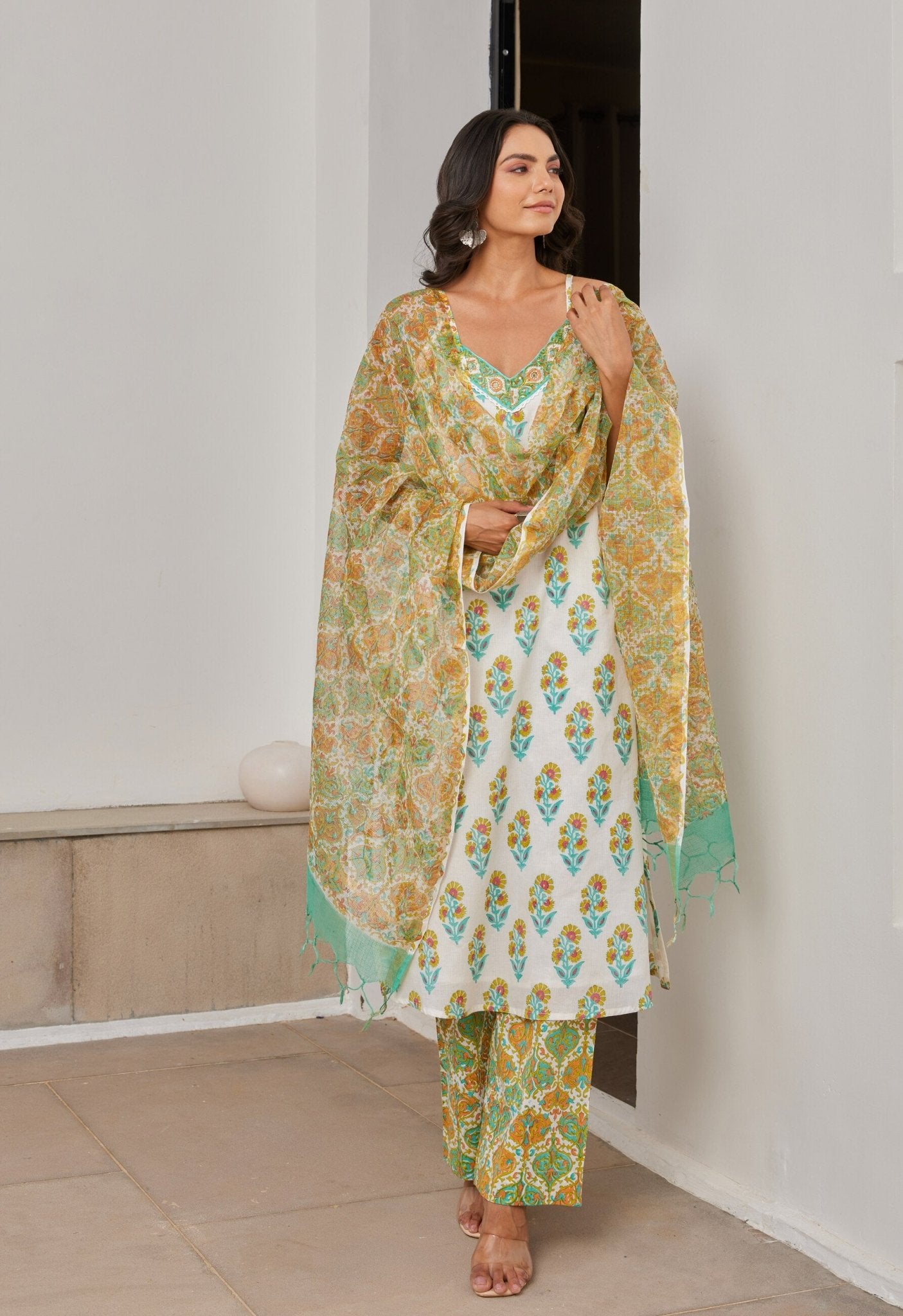 Cotton Hand Block Printed Strappy Kurta Set With Dupatta