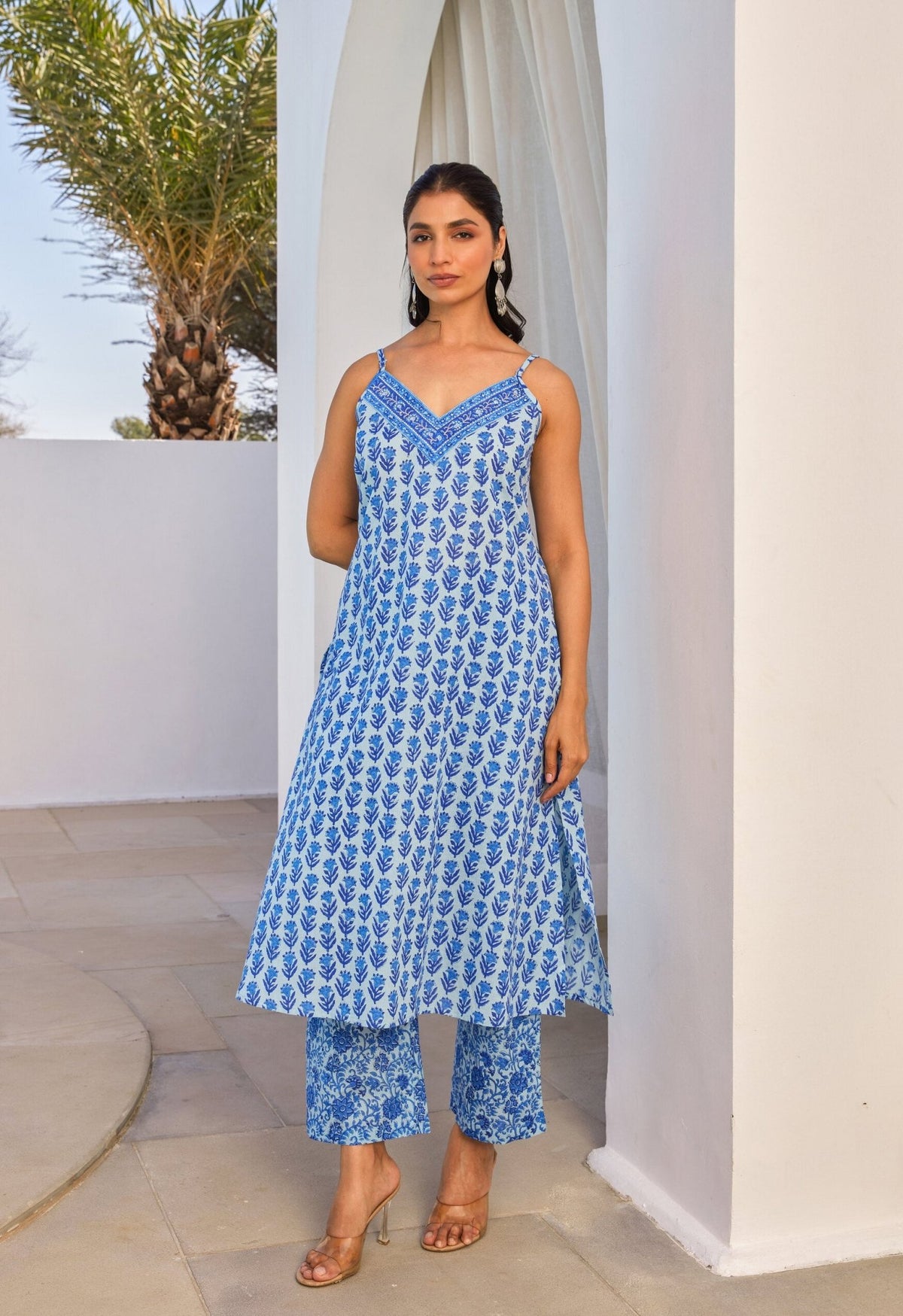 Cotton Hand Block Printed Strappy Kurta Set With Dupatta - Tara - C - Tara