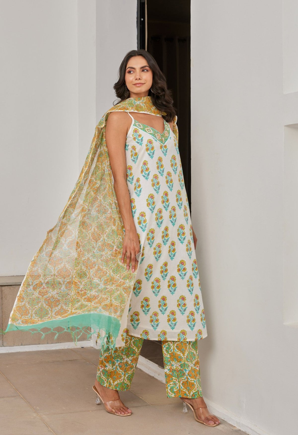 Cotton Hand Block Printed Strappy Kurta Set With Dupatta - Tara - C - Tara