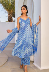 Cotton Hand Block Printed Strappy Kurta Set With Dupatta - Tara - C - Tara