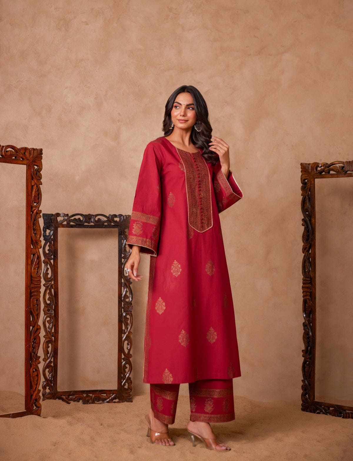 Cotton Maroon Hand Block Gold Printed Coord Set - Tara - C - Tara