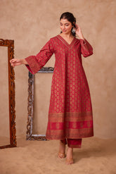 Cotton Maroon Hand Block Gold Printed Coord Set - Tara - C - Tara