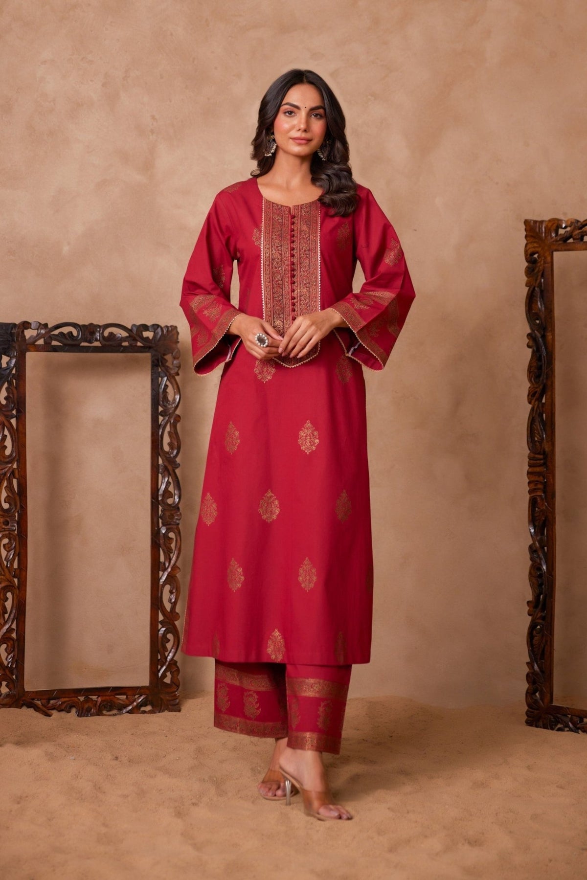 Cotton Maroon Hand Block Gold Printed Coord Set - Tara - C - Tara