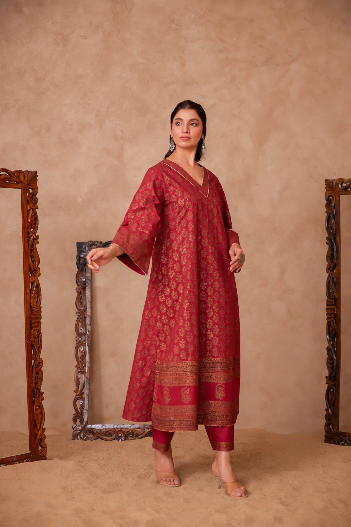 Cotton Maroon Hand Block Gold Printed Coord Set - Tara - C - Tara