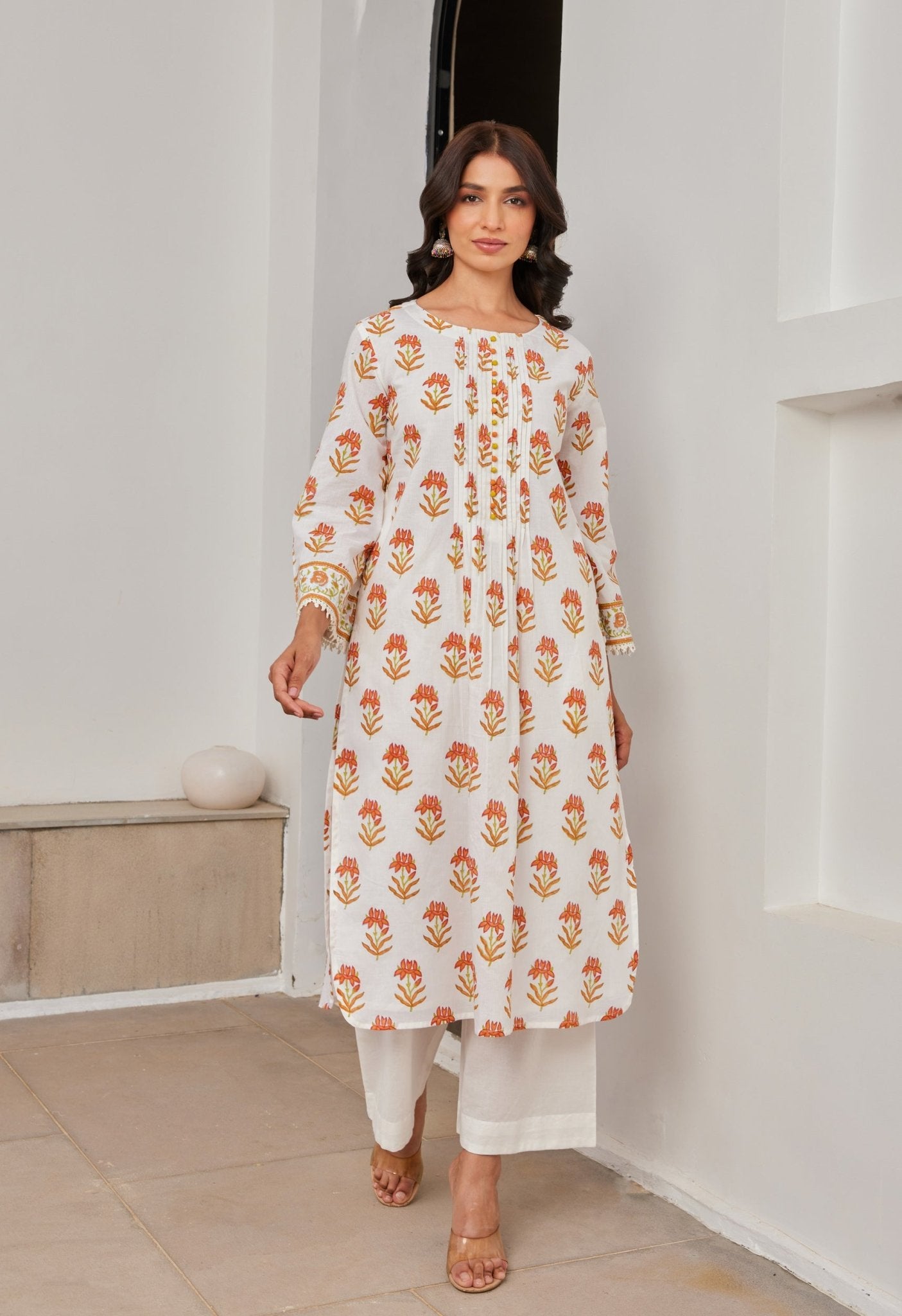 Cotton Yellow and Orange Floral Buti Printed Coord Set - Tara - C - Tara