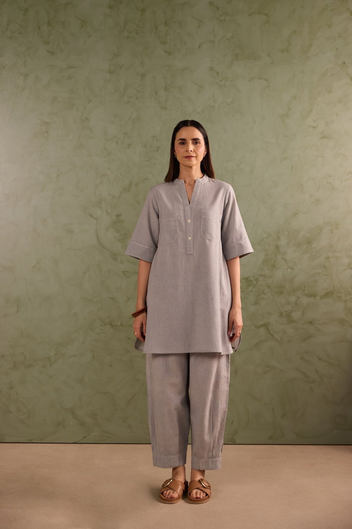 Dove Grey Linen Blend Co-ord Set - Tara-C-Tara