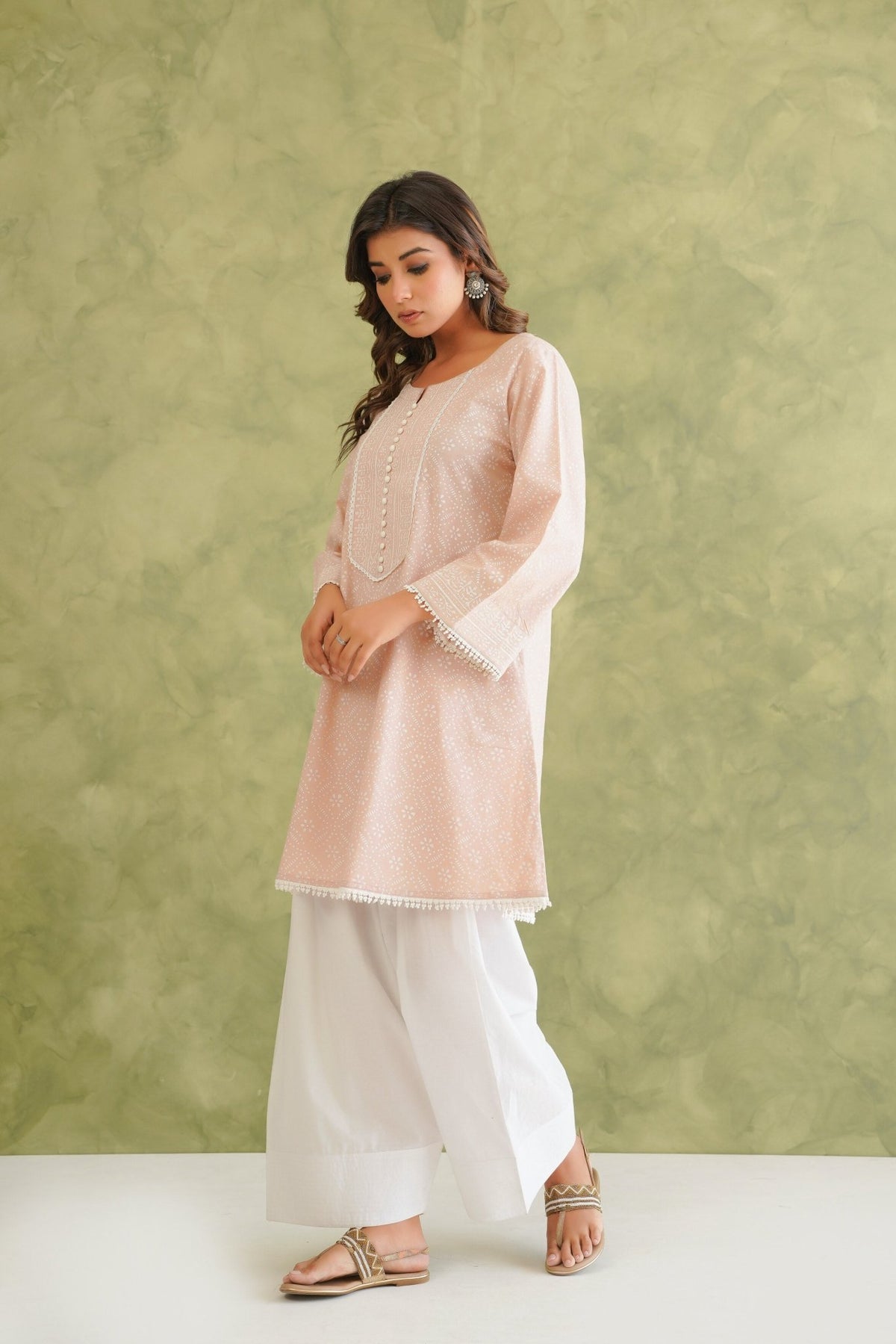 Dusty Pink Short Hand Block Printed Kurta With Farshi Salwar - Tara - C - Tara
