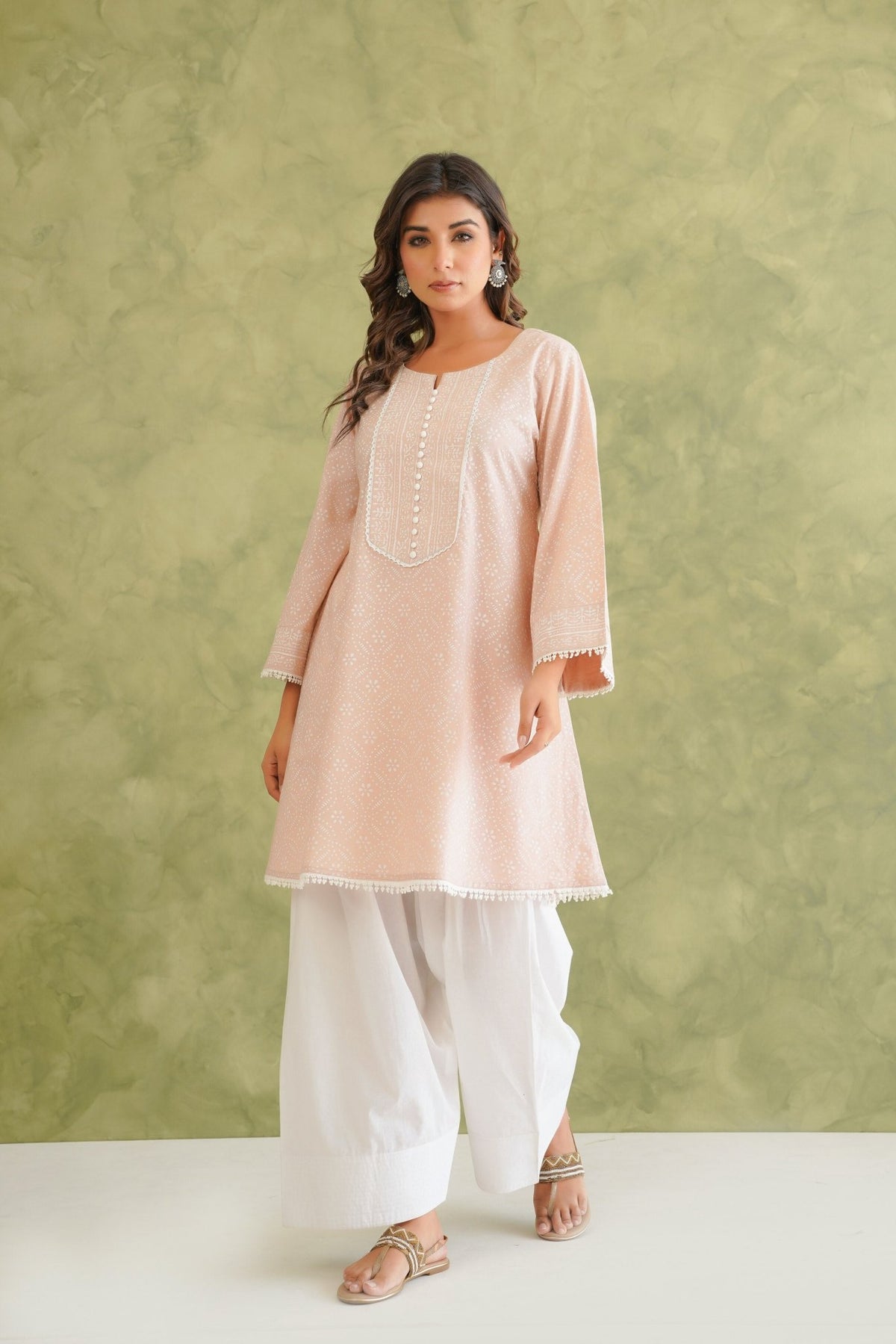 Dusty Pink Short Hand Block Printed Kurta With Farshi Salwar - Tara - C - Tara
