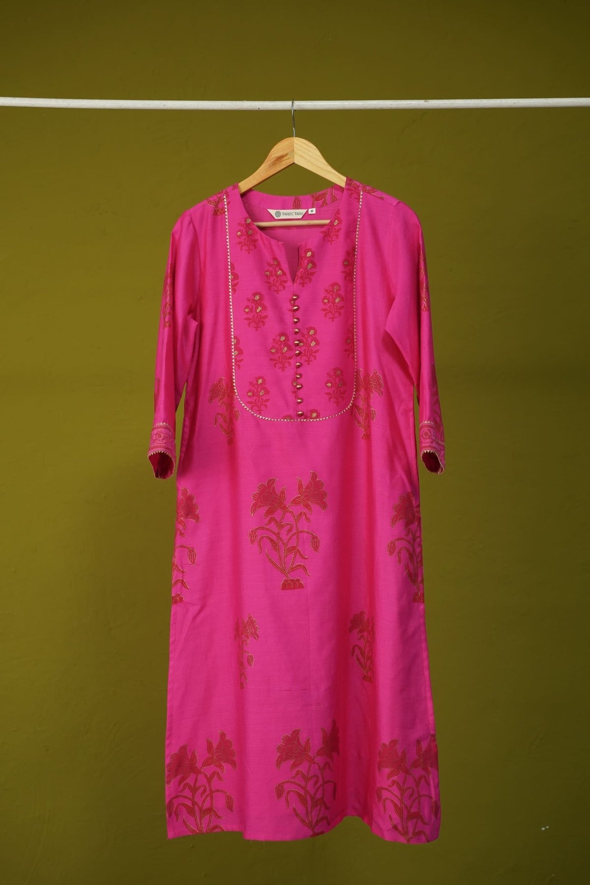 Fuchsia Pink Floral Hand Block Printed Chanderi Silk Kurta - Tara-C-Tara