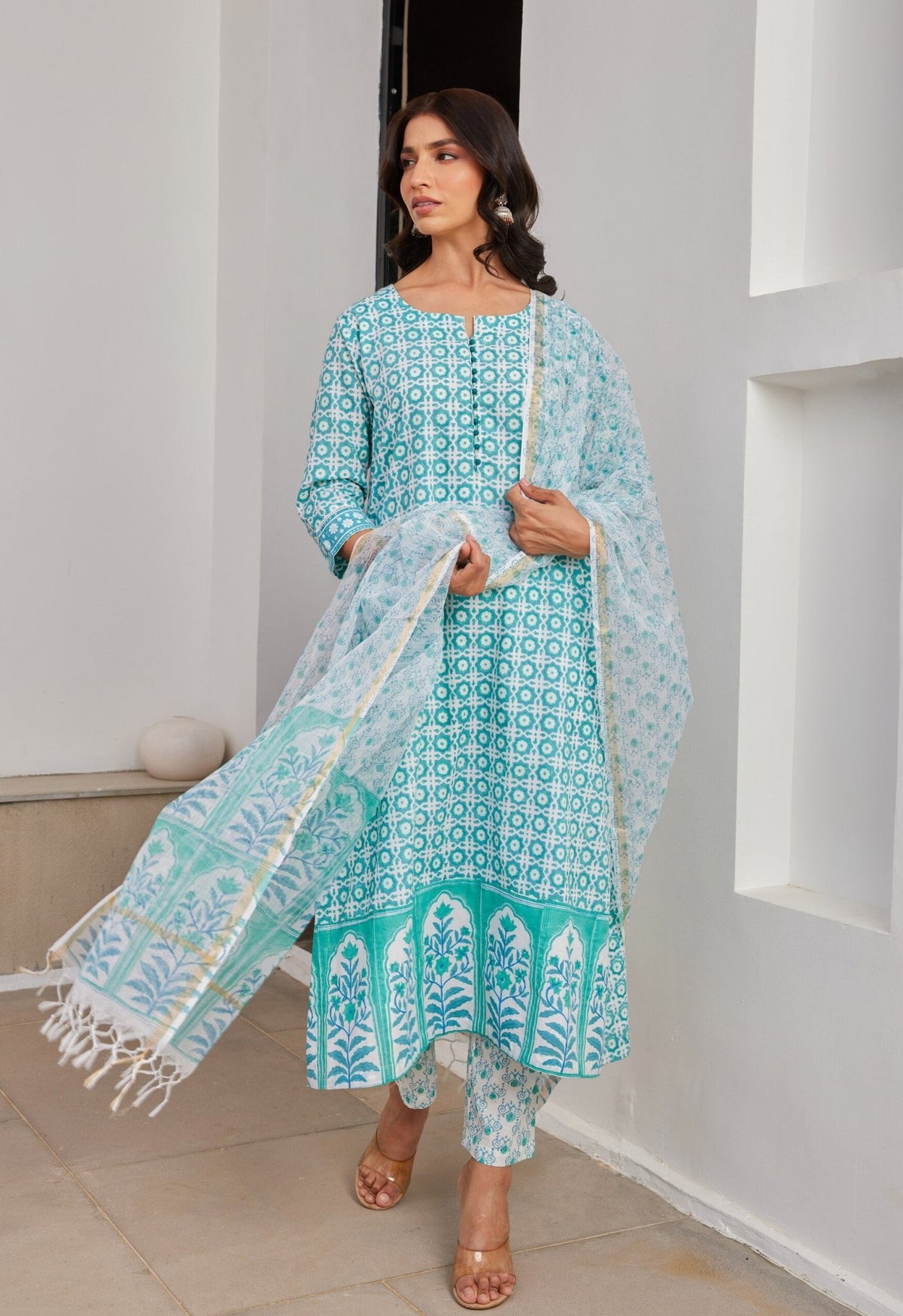 Green Abstract Hand Block Printed Kurta Set with Dupatta - Tara - C - Tara