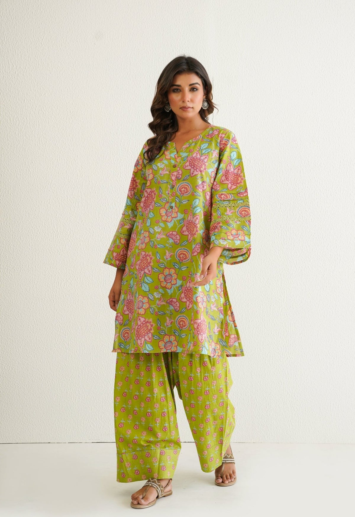 Green Cotton Floral Farshi Salwar Coord Set - Tara - C - Tara