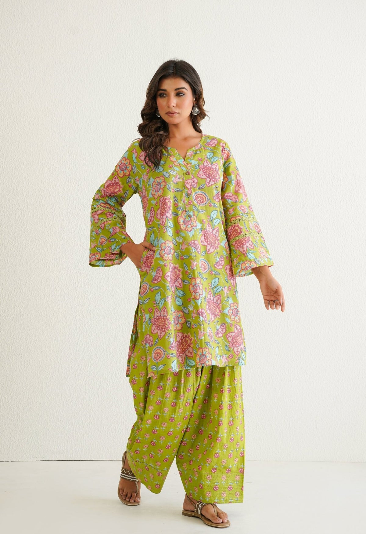 Green Cotton Floral Farshi Salwar Coord Set - Tara - C - Tara