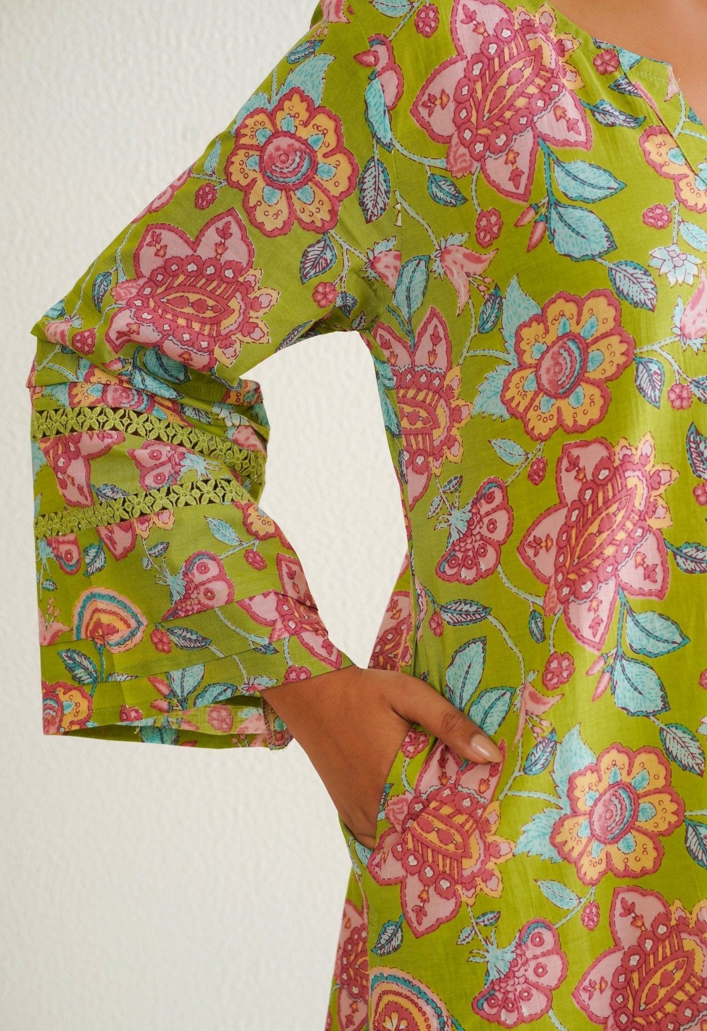 Green Cotton Floral Farshi Salwar Coord Set - Tara - C - Tara