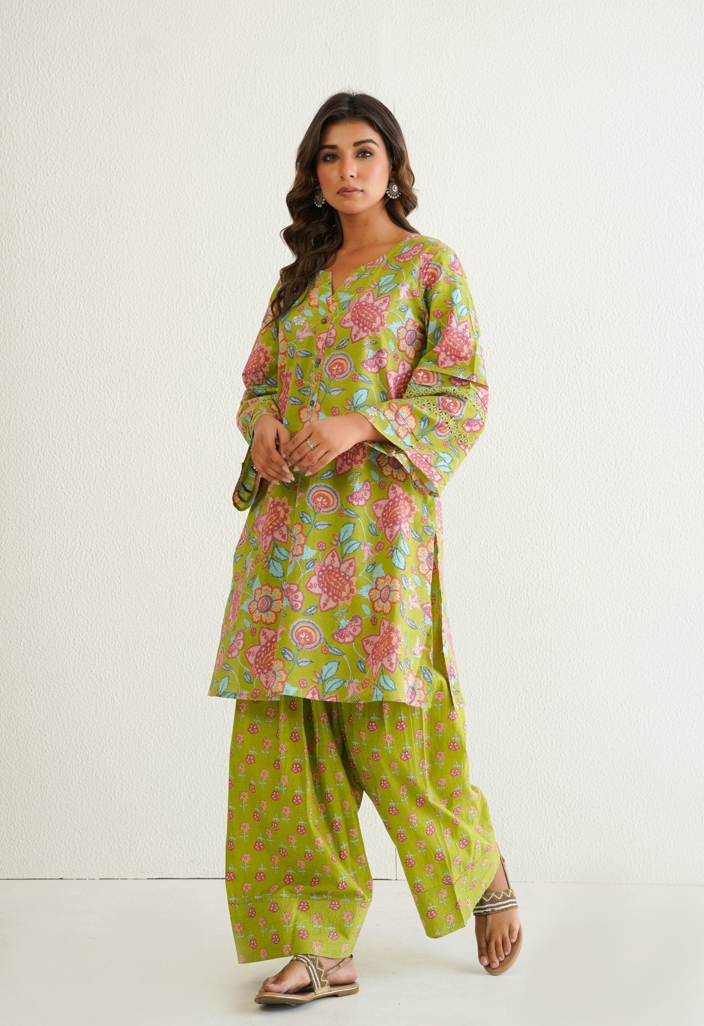 Green Cotton Floral Farshi Salwar Coord Set - Tara - C - Tara