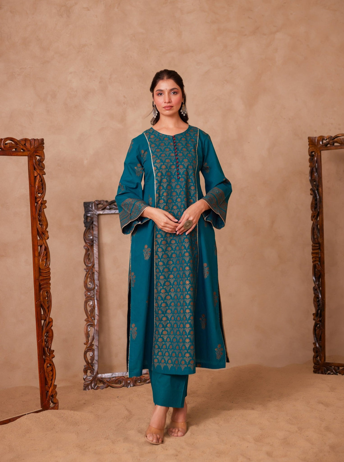 Green Cotton Hand Block Gold Printed Coord Set - Tara - C - Tara