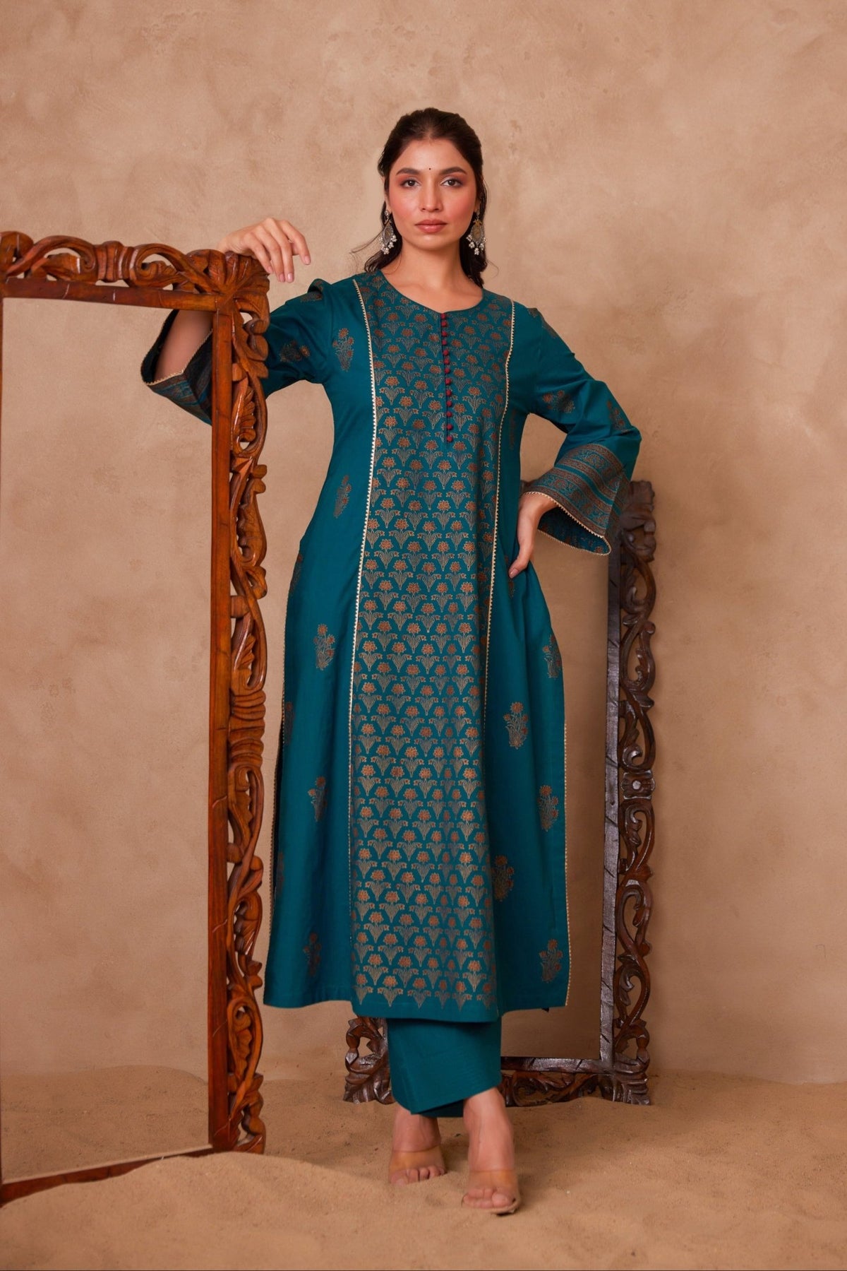 Green Cotton Hand Block Gold Printed Coord Set - Tara - C - Tara