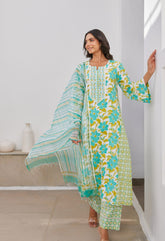 Green Floral Hand Block Printed Kurta Set With Dupatta - Tara - C - Tara