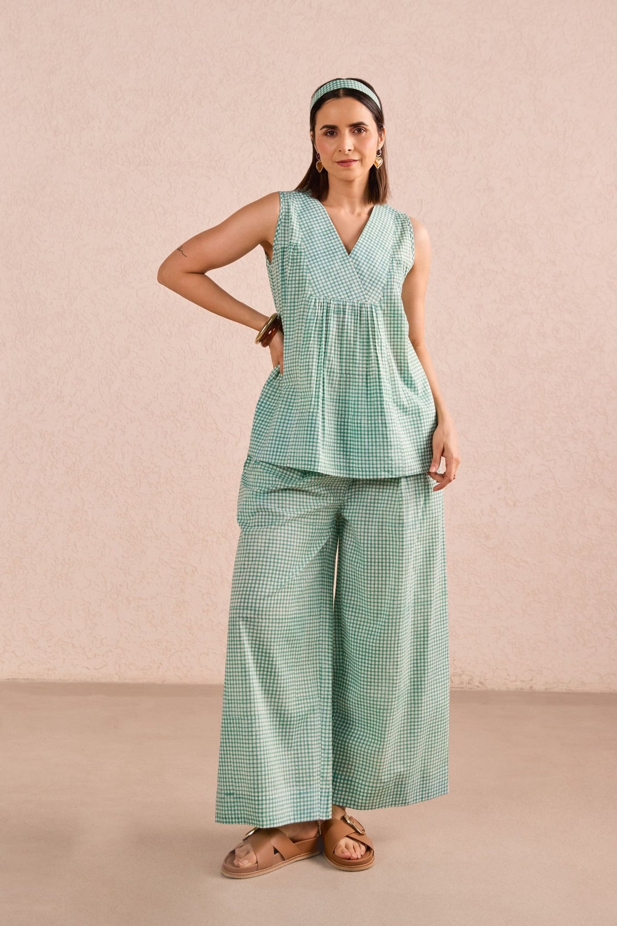 Green Gingham Check Sleeveless Co-ord Set - Tara-C-Tara