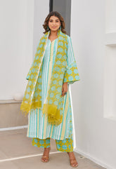 Green Stripper Hand Block Printed Cotton Kurta Set With Dupatta - Tara - C - Tara
