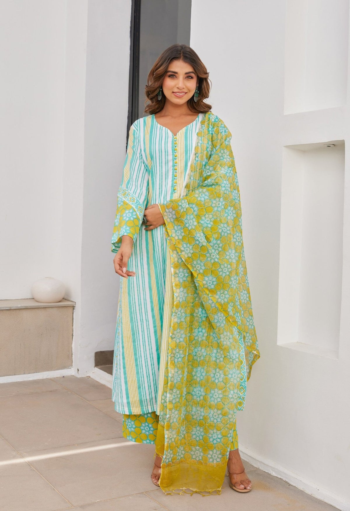 Green Stripper Hand Block Printed Cotton Kurta Set With Dupatta - Tara - C - Tara