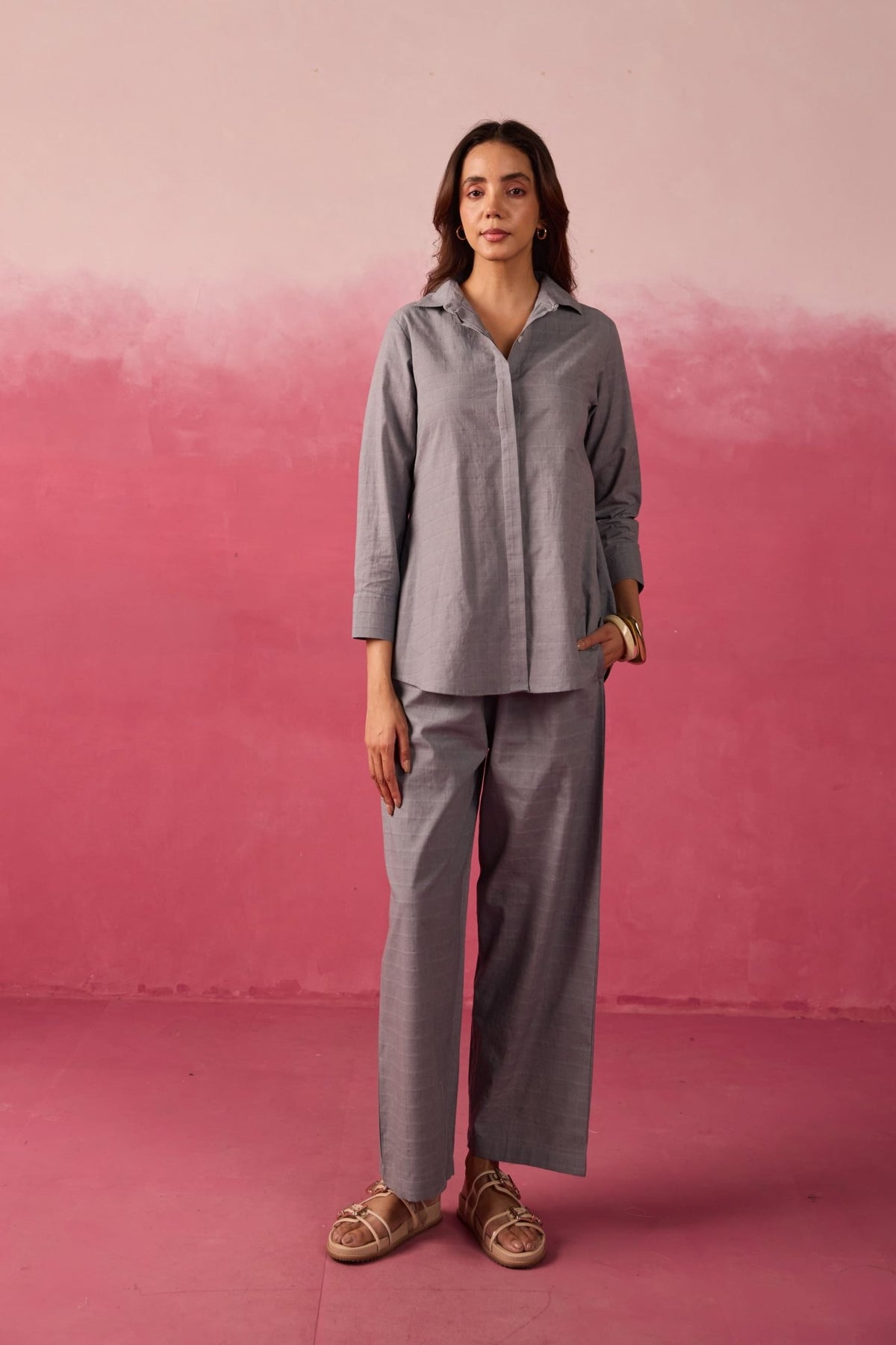 Grey Textured Cotton Short Tunic Co-ord Set - Tara-C-Tara