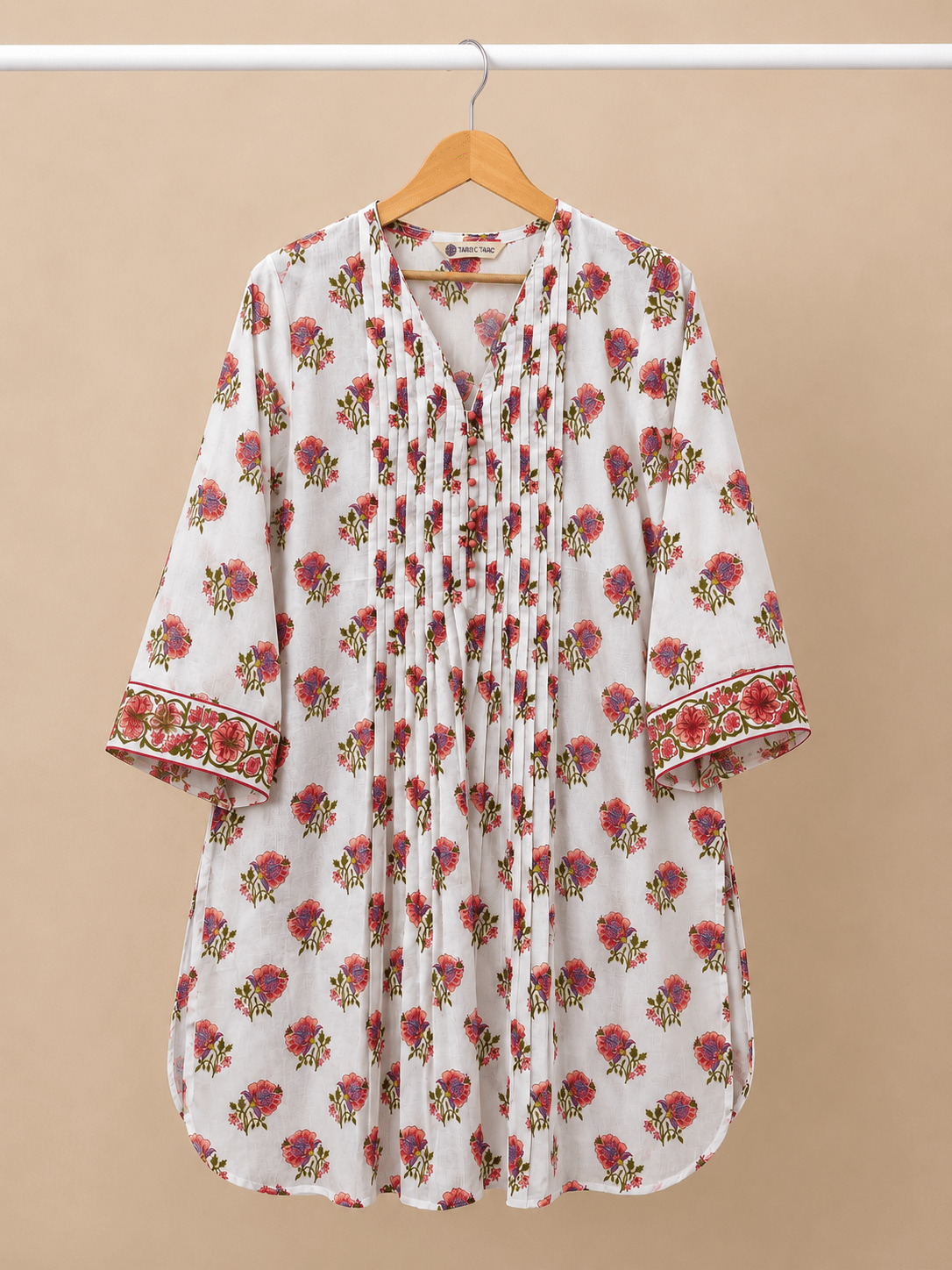 Ivory Floral Booti Pintuck Short Kurti - Tara-C-Tara