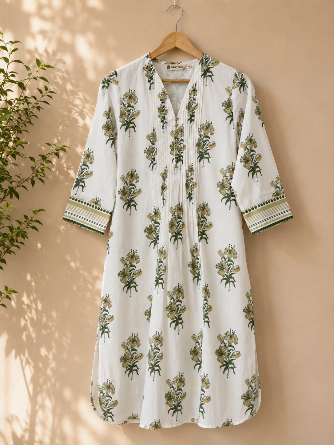 Ivory Lily Print Pintuck Cotton Kurta - Tara-C-Tara