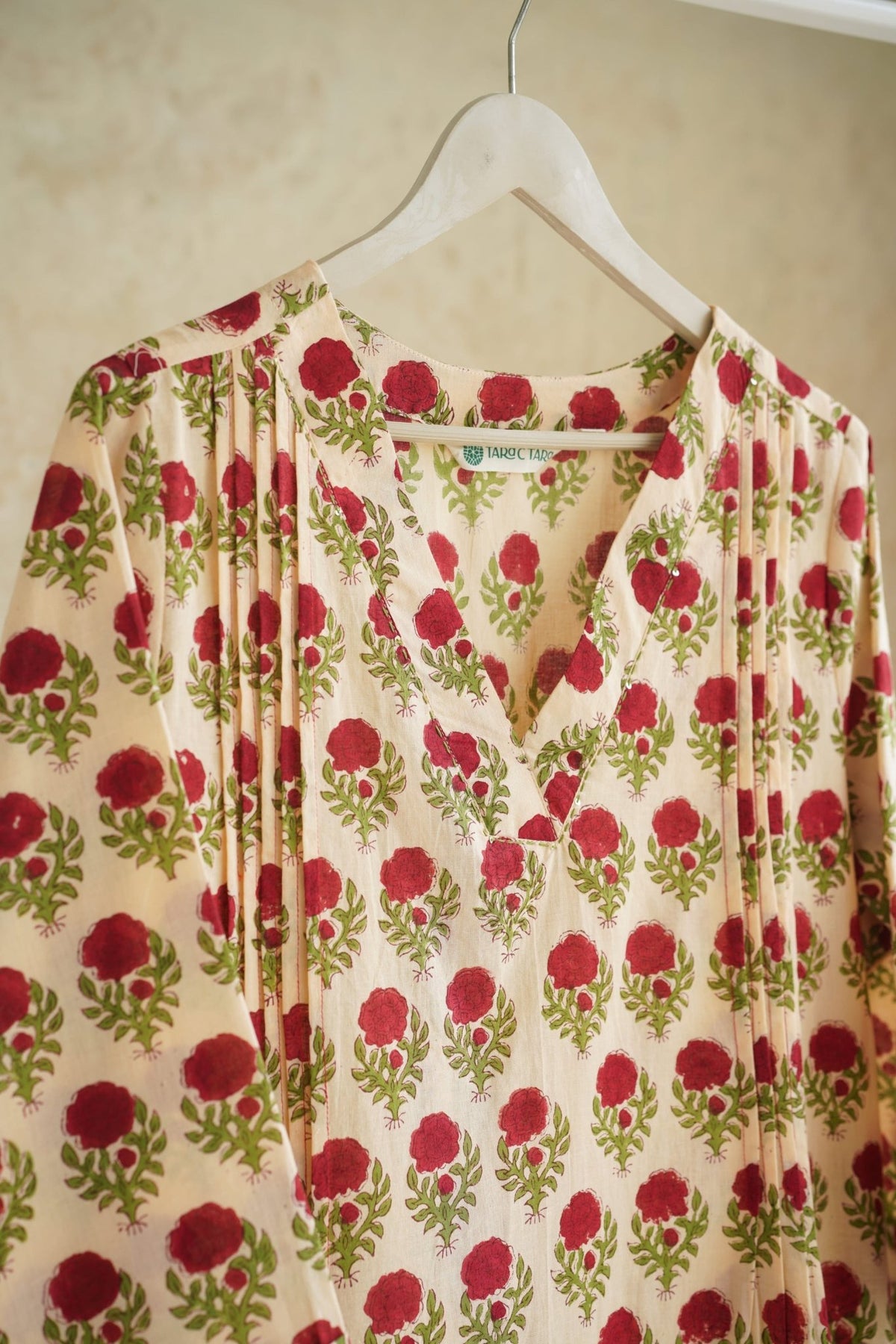 Ivory Rose Floral Hand Block Print Cotton Kurta - Tara-C-Tara