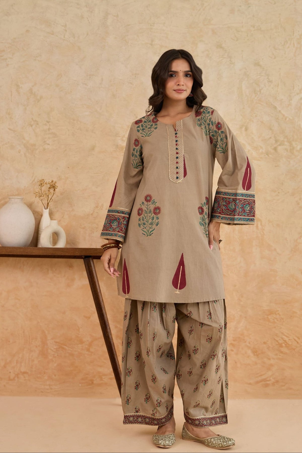 Khaki Leaf Print Cotton Farsi Salwar Co-ord Set - Tara-C-Tara